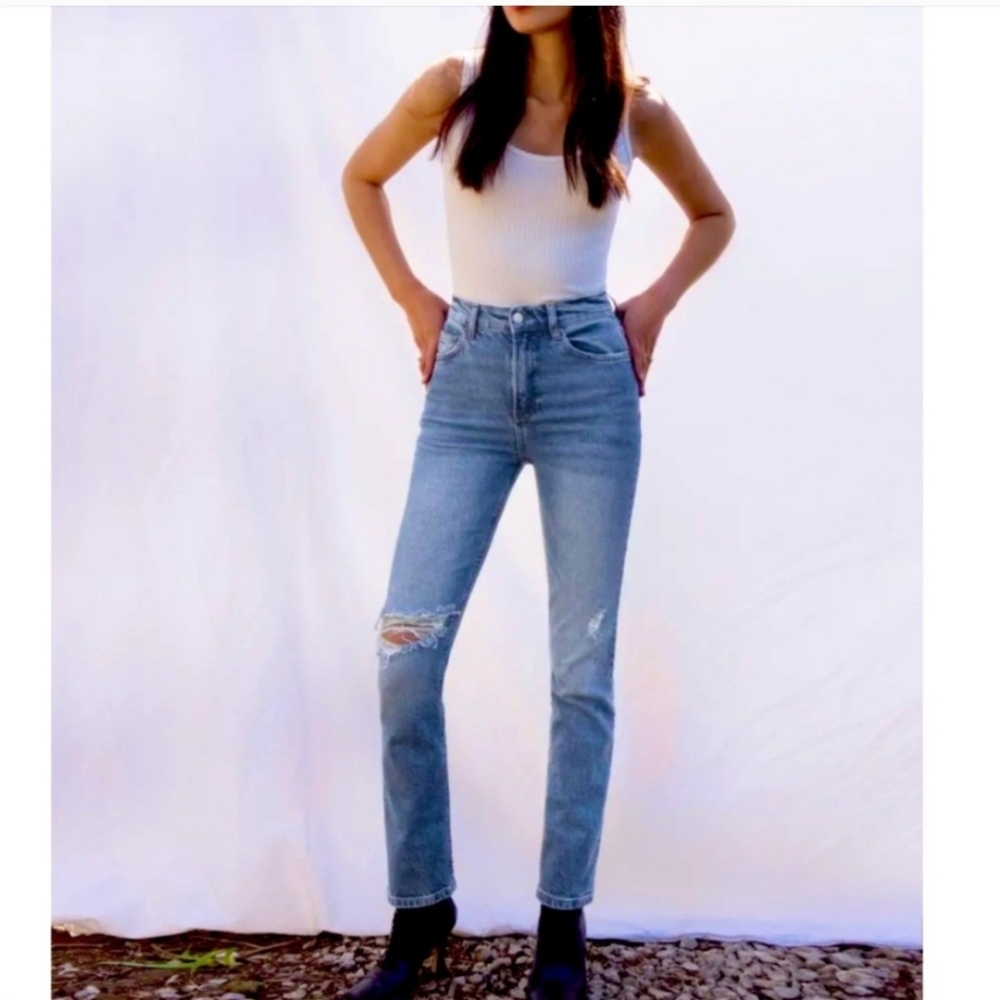Reformation Liza Palermo Destroyed High Rise Straight Blue Jeans Sz 28 Casual